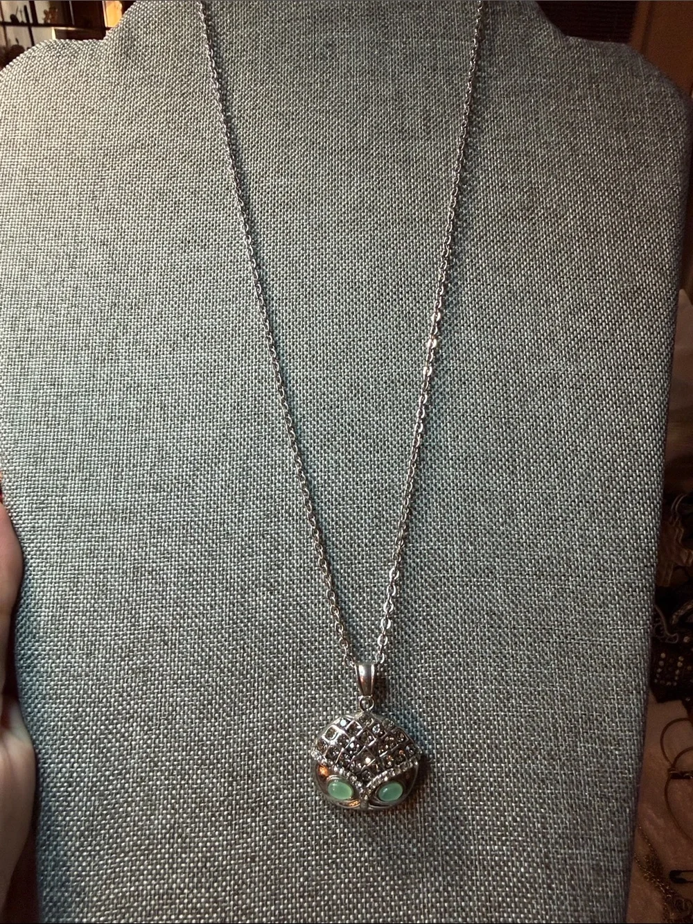 Silver Tone Owl Pendant Necklace and Ring Set with Green Stone Accents